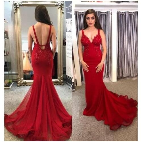 New Beauty Tulle Red Sexy V Neck Long Formal Prom Dresses 2021 Mermaid Backless Appliques Floor Length Prom Dress HFY10501