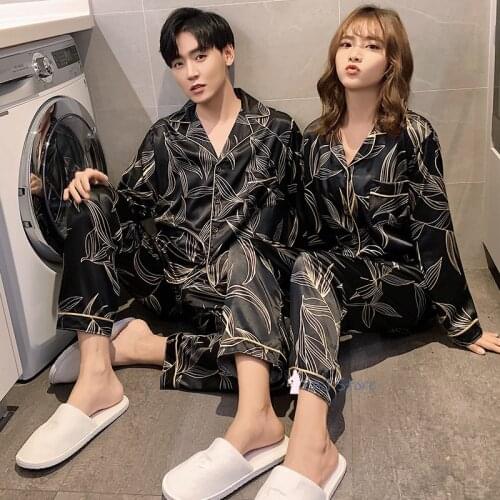 Couple Sleepwear Big Size Pajamas Men Pajamas 4XL 5XL Satin Long Sleeve Set Black Men Trousers Unisex Lovers Pyjamas for Autumn