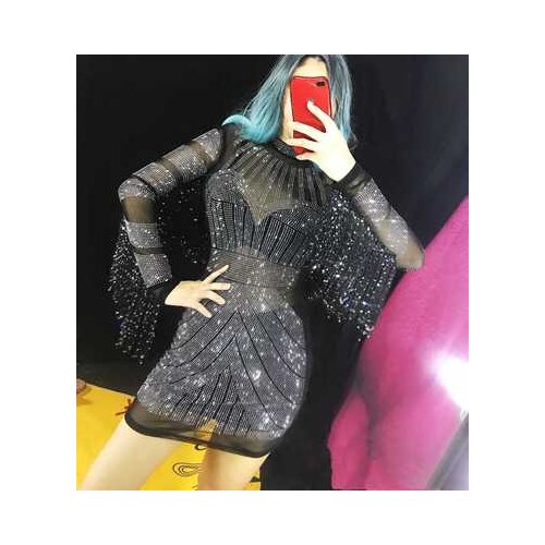 Sexy Black Mesh See Through Rhinestones Dress Women Party Nightclub Dance Costume singer dancer stage show wear evening dress