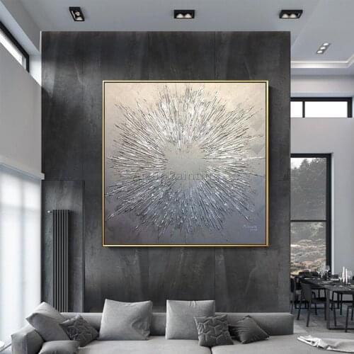 Silver geometric oil painting on canvas abstract hand painted texture wall art decoration painting for living room home decor