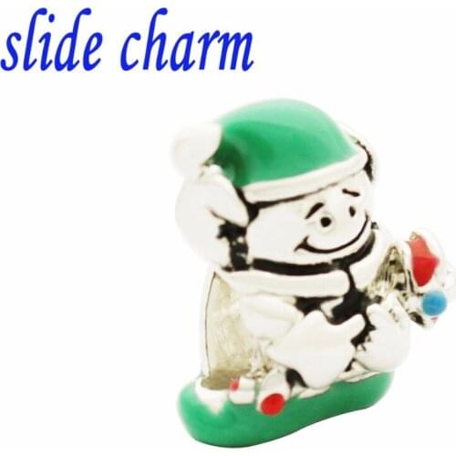 Slide charm Free shipping Christmas gift Christmas hats Santa Claus wearing a green enamel charm beads fit Pandora bracelet