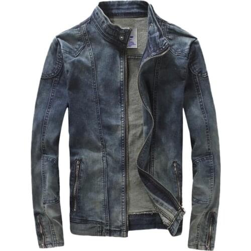 Blue Cotton Mens Jean Biker Motorcycle Jacket Zipper Slim Casual Stand Collar Denim Coat Spring Autumn Outwear Drop Shipping