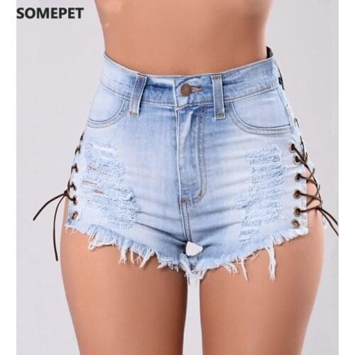 Vintage Ripped Hole Fringe Blue Denim Shorts Women Lace Up Casual Pocket Jeans Shorts 2019 Summer Girl High Waist Hot Shorts