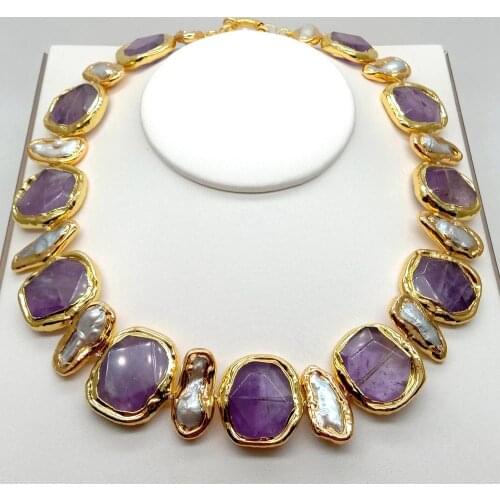 YYGEM 19" natural faceted Rectangle Amethyst Freshwater White Biwa Pearl Gold Edge choker Necklace Geometric casual for women