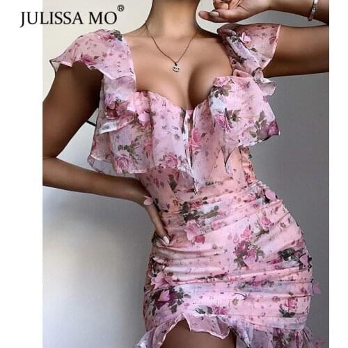 JULISSA MO Sexy Off Shoulder Floral Print Dress Women Ruffles Sleeve Bodycon Short Dress Elegant Female Backless Party Vestidos