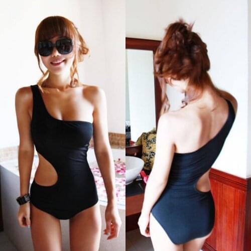 2020 Summer Sexy Women One Shoulder Solid Color Hollow Out Black One-Piece Suits Swimsuits Beachwear Bathing Suits Monokini