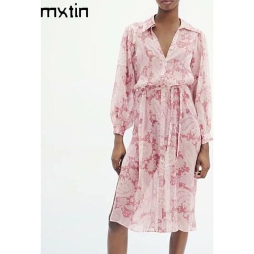 2021 Women Sprint Paisley Midi Dress Vintage Lapel Collar Single Breasted Bow Tie Sashes Beach Style Female Dresses Vestidos