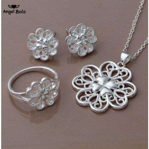 3pcs/set Flower Necklace Wholesale High Quality 925 Sterling Silver Fashion Jewelry Set Ring Earring Drop Shipping