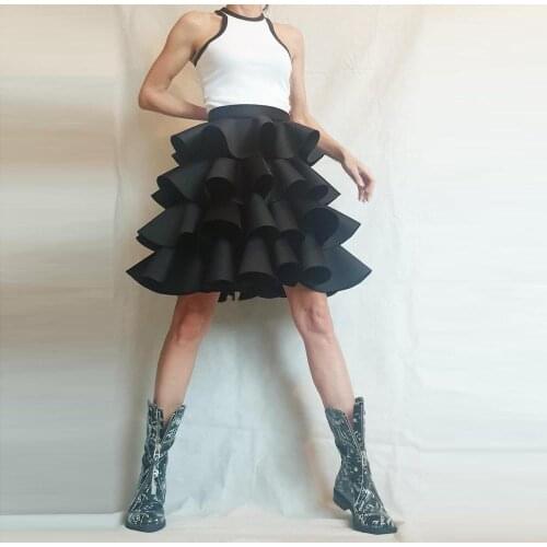 Satin Puffy Midi Skirt Solid Black Above Knee jupe femme Mini mujer faldas Sweet Skirts Tiered Big Swing Women Skirt