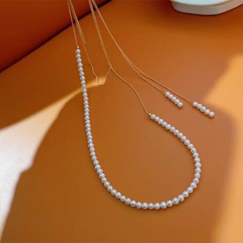 Free shipping popular many wear way gold plated small natural white real pearl beads women long chain necklace trendy gift