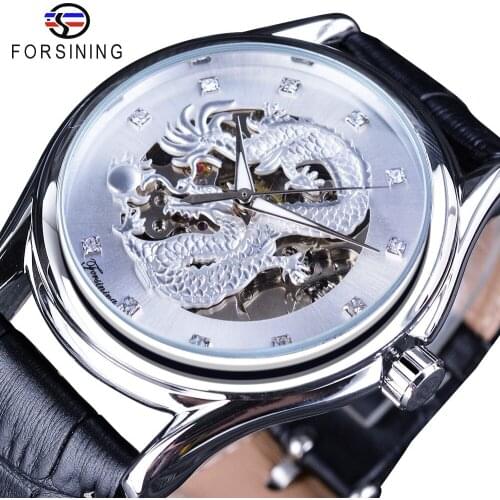 Forsining Watches Mens Luxury Brand Automatic White Chinese Dragon Display Wrist Watch Black Genuine Leather Band Luminous Hands