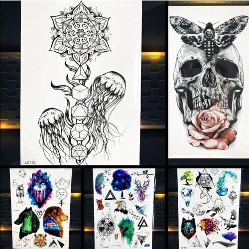 Black Jellyfish Mandala Flower Skull Temporary Tattoo Stickers Body Art Waterproof Women Tattoo Tatto Men Sexy Arm Wolf Planet