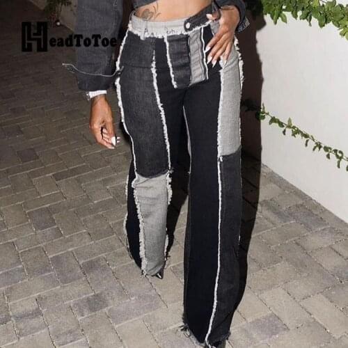 Patchwork Print Fashion Streetwear Pants Women Wide Leg Straight Denim Jeans Woman