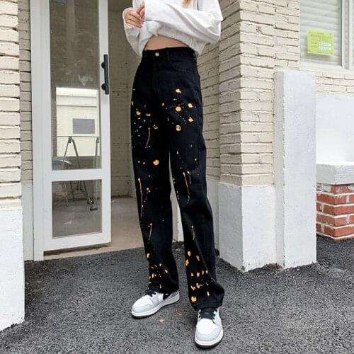 Varofi Personality plus size straight leg jeans high street loose fried street splash-ink wide leg trousers jeans for women