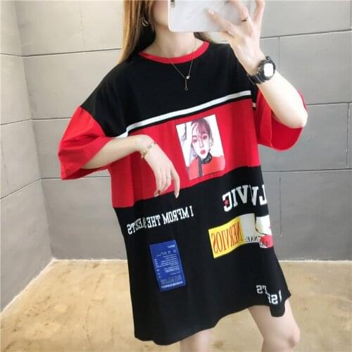 Color-block patch mid-length short-sleeved t-shirt women 2020 summer new Korean girls student top womens clothing