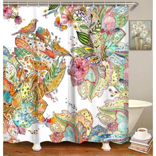 Colorful Flowers Birds Shower Curtains Set with 12 Hooks Bathroom Accessories Durable Fabric Bath Curtain Home Decoration