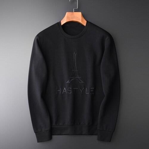 100% Cotton Black Fashion Luxury Round Collar Soft Sweatshirt Male Trend Eiffel Tower Embroider Men Hoodie