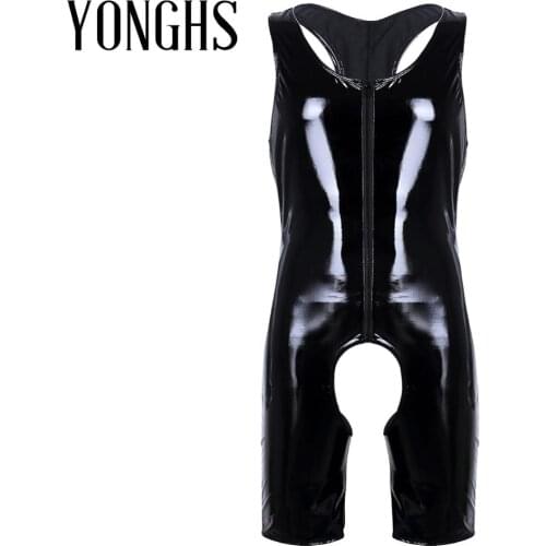 Mens Lingerie Crotchless Latex Bodysuit Wetlook Patent Leather Front Zipper Singlet Boxer Briefs Leotard Sex Bodysuit Underwear