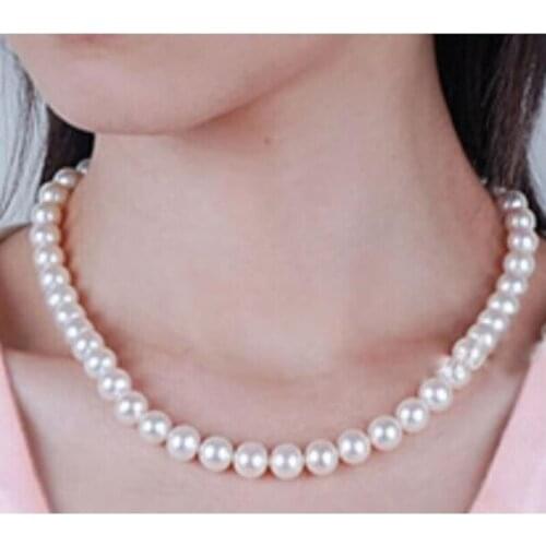 18"8-10mm natural south sea genuine white round pearl necklace925 silver W