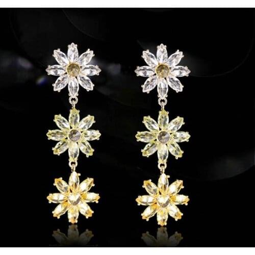 Luxury Gradient Yellow Blue Cubic Zircon Daisy Dangle Earrings For Women Elegant Flower Long Earring Vintage Wedding Jewelry