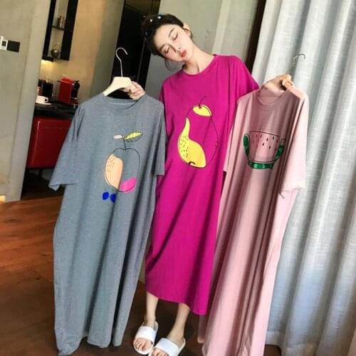 Oversized Summer Loose Women Cartoon Sleepwear Leisure Short Sleeve Thin Nightgowns Printing Fruits Big Size Nightdress