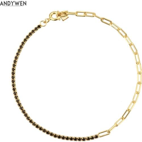 ANDYWEN 925 Sterling Silver Gold Splice Geometric Chains Horoscope Zircon Bracelet Women Party Punk Luxury Gift European Jewelry