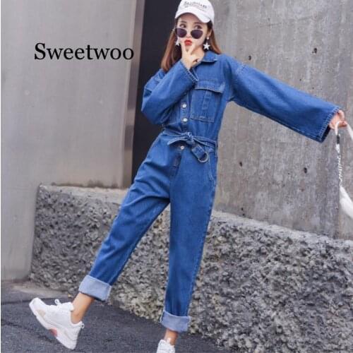 Fashion Streetwear Style Denim Overalls Women 2020 Autumn Long Sleeve Bodysuit High Waist Jeans Bodycon Romper Wide Leg Jumpsuit