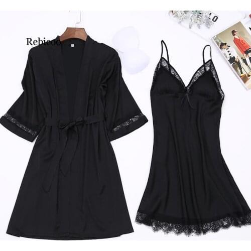 Ladies Elegant Silk Satin Robe Set Half Sleeve Bathrobe & Sexy Nightdress Lace Sleepwear Set Fashion Twinset For Women