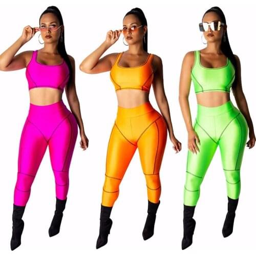 Women Slim Crop Top + Sporting Leggings Active Wear 2 Pieces Set Neon Green Skinny Stretch Outwear Orange Pink Fitness Tracksuit