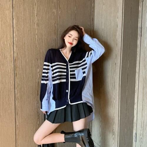 2020 Korean Fashion Splicing Striped Button Loose Lrregular Sweater Coat Women Autumn Long Sleeve Knitted Cardigan Top Outfit
