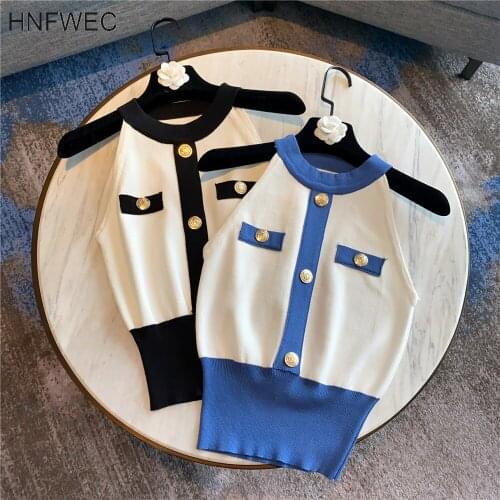 2020 New Summer Fashion Streetwear Patchwork Button Temperament Sexy Slim Sleeveless Neck Knitted Vest Top Women U971