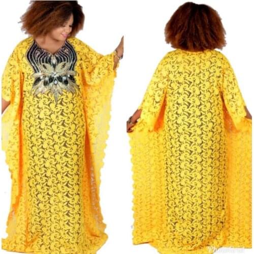 Classic Lace Abaya Stylish KWA African Womens Dashiki Fashion Net Inside Skirt And Loose Long Dress 2-Piece Free Size