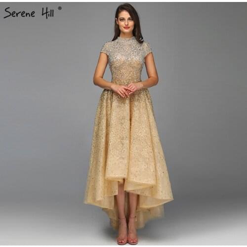 Luxury Gold Beaded Sequins Short Sleeve Evening Dresses 2020 New Design High Low Prom Dress Gown Robe De Soiree BLA60757