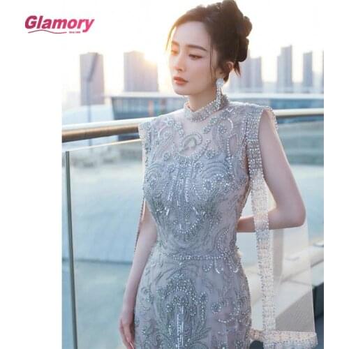 2021 Grey Nude With Cape Mermaid Luxury Evening Dresses Gowns Beading Elegant Sexy For Woman Party