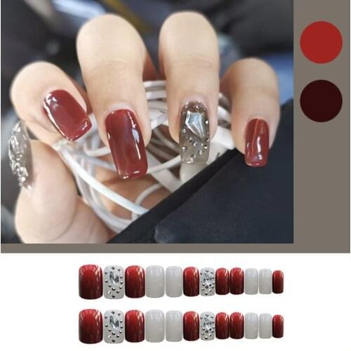 24Pcs/Set Pink Red With Diamonds False Nails Wearable Square Head French Fake Nails Full Cover Press On Nail Tip Manicure Tool