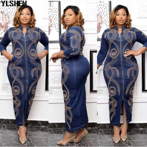 Elastic Denim Long Maxi Dress African Dinner Dresses for Women Beaded Abaya Dubai Dashiki Vetement Femme 2021 African Clothes