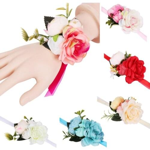 Artificial Rose Flowers Wreaths Simulation Bridesmaid Wrist Bracelet Flowers Garland Corsage Hand Decoration For Wedding Party