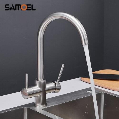 Brass Brushed Nickel 3 Way Kitchen Sink Faucet Mixer Single Hole Dual Handle Kitchen Healthy Drinking Water Tap NL716