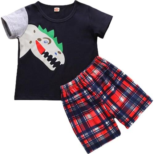 Toddler Cartoon Printing Two-pieces Summer Set Infant Baby Boys round neck Short Sleeve T-Shirts Plaid Printing short Pants Set
