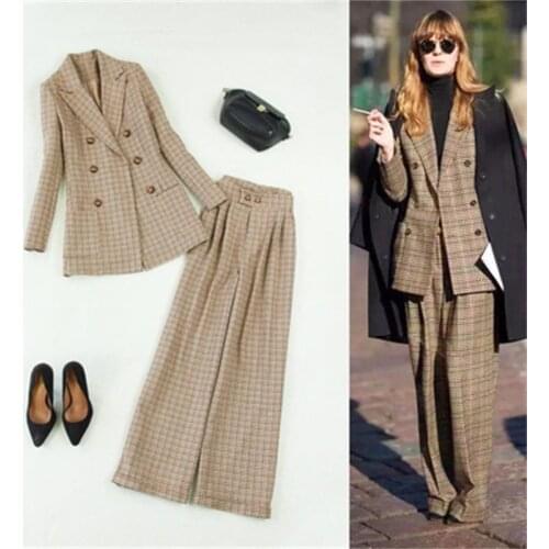 Fashion plaid suit suit female plus size 20 winter New double-breasted mid-length suit + wide-leg pants woolen thick British Set