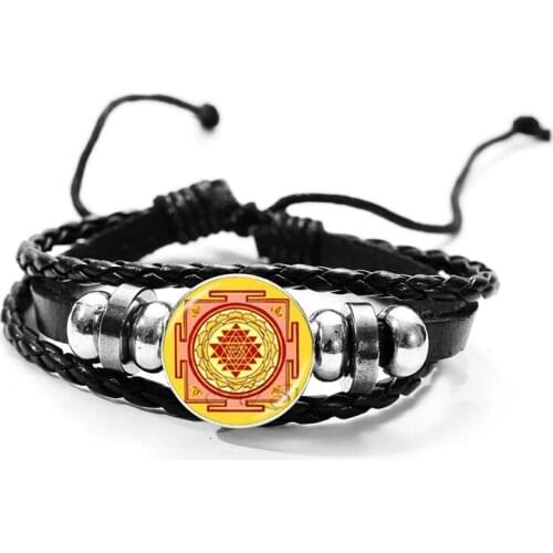 Fashionable Neo-Gothic Buddhist Sri Yantra Spirit Wheel Style Sacred Geometry Leather Bracelet, Meditation HZ1