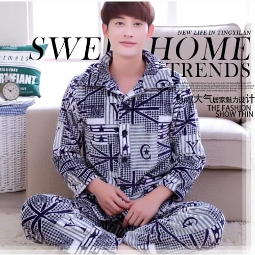 Male Fleece Pajama Long Sleeve Nightwear Mens Thickened Flannel Homewear Adult Coral Fleece Nightgown Plus Size D-2065