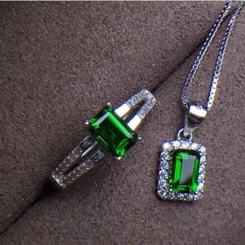 Natural green diopside gem Elegant Classic square Ring Pendant Natural Gemstone Jewelry Set 925 Silver Women party fine jewelry
