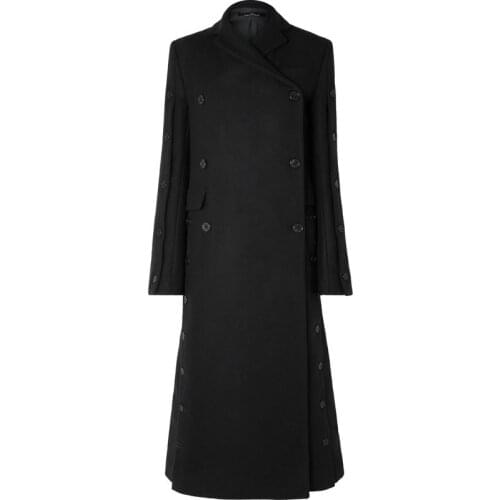 Autumn winter fashion Womens double breasted straight Split wool blends X-Long black woolenCoats