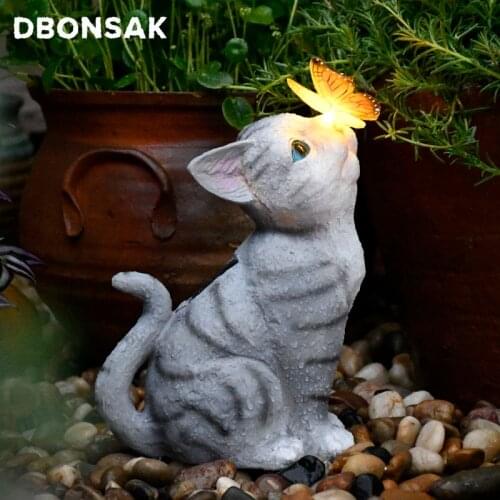 Outdoor Creative Resin Animal Sculpture Solar Lamp Cat Sculpture Butterfly Crafts Balcony Garden Decoration Courtyard Decoration