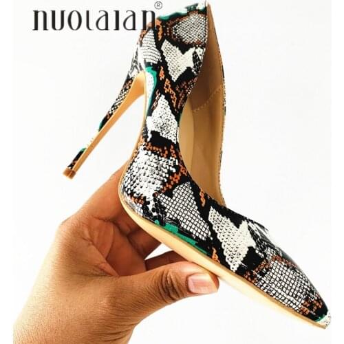 Sexy High Heels Shoes Woman Snake Print Leather Stilettos Shoes For Women Pointed Toe Slip-on Leather Dress Pumps wedding Shoes