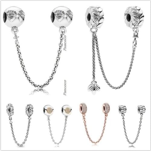 Original 925 Sterling Silver Two-tone Signature With Crystal Safety Chain Charm Bead Fit Pandora Bracelet & Necklace Jewelry