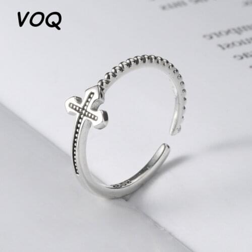 VOQ 925 Sterling Silver Retro Cross Opening Adjustable Ladies Ring Fashion Silver Jewelry Accessories Party Gift