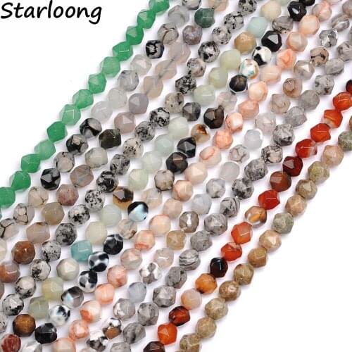Cracked Red Black White Fire Agates Amazonite Faceted Natural Stone Beads DIY Loose Strand for Jewelry Making Bracelet Necklace