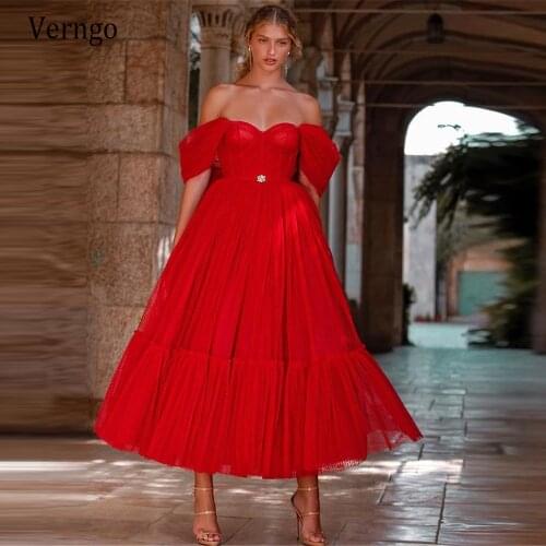 Verngo 2021 Red Dotted Tulle A Line Prom Dresses Off the Shoulder Sweetheart Short Sleeves Evening Gown Ankle Length Party Dress